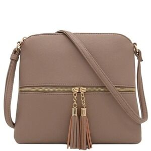 Deluxity Los Angeles Light Brown Vegan Leather Over Shoulder Tassel Purse Bag